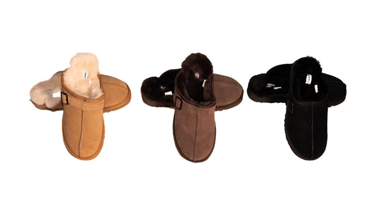 Unisex Sheepskin Suede Buckle Slippers