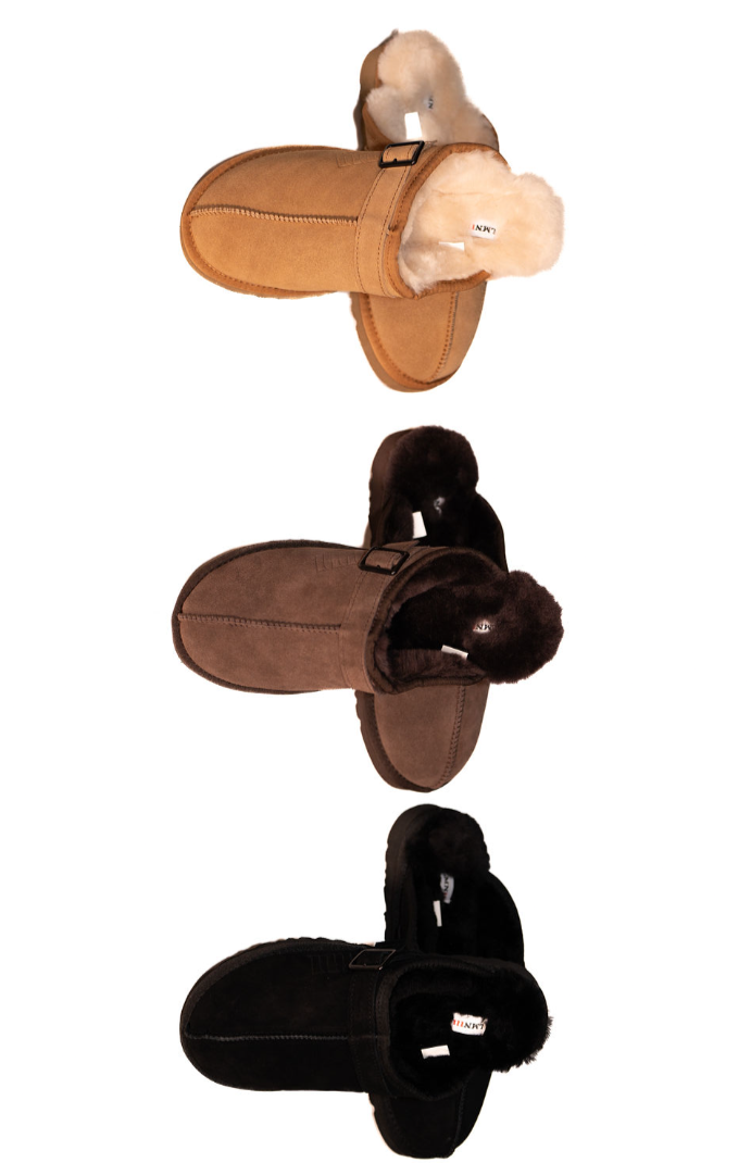 Unisex Sheepskin Suede Buckle Slippers